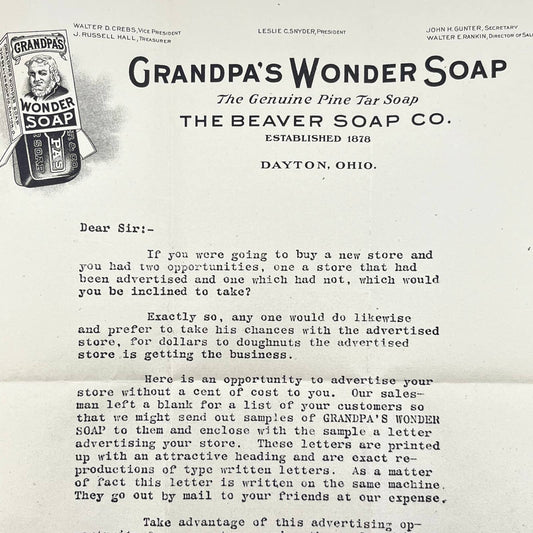 1920 Grandpa’s Wonder Soap Letterhead Beaver Soap Co. Dayton Ohio AA9