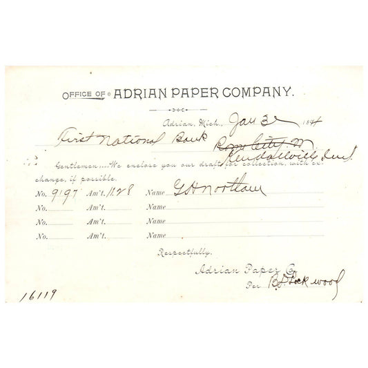 1893 Adrian Paper Company Letterhead Billhead Memo B.D. Lockwood MI AD8-2