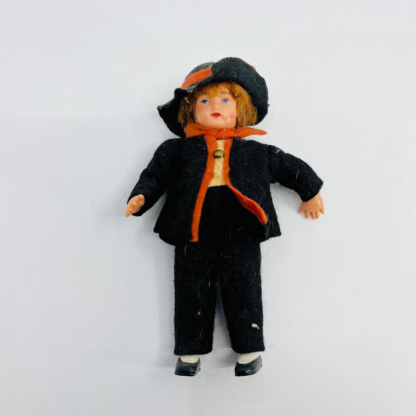 Antique German Boy Doll Brown Hair Blue Eyes & Felt Suit 5.5” Hard Plastic TE1