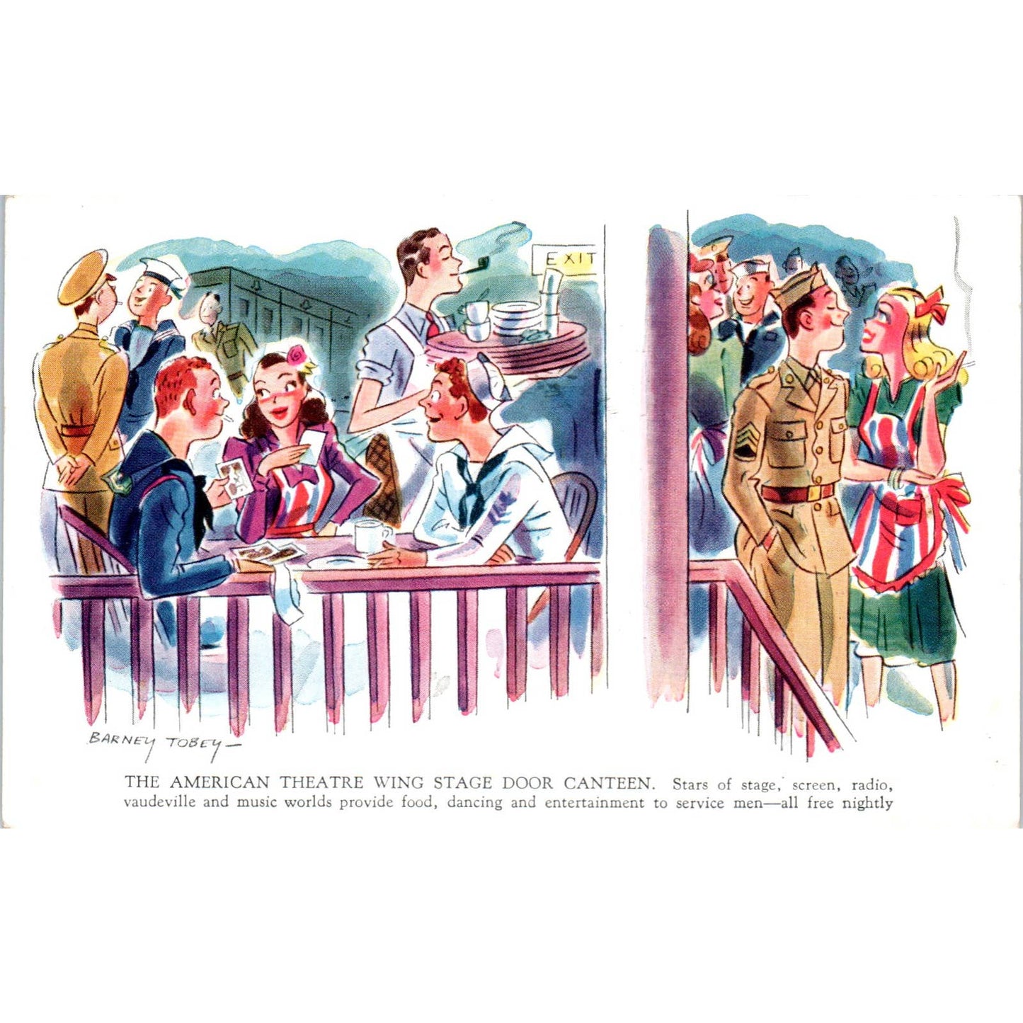 1943 WWII The American Theatre Wing Stage Door Canteen Cartoon Postcard TK1-26-3