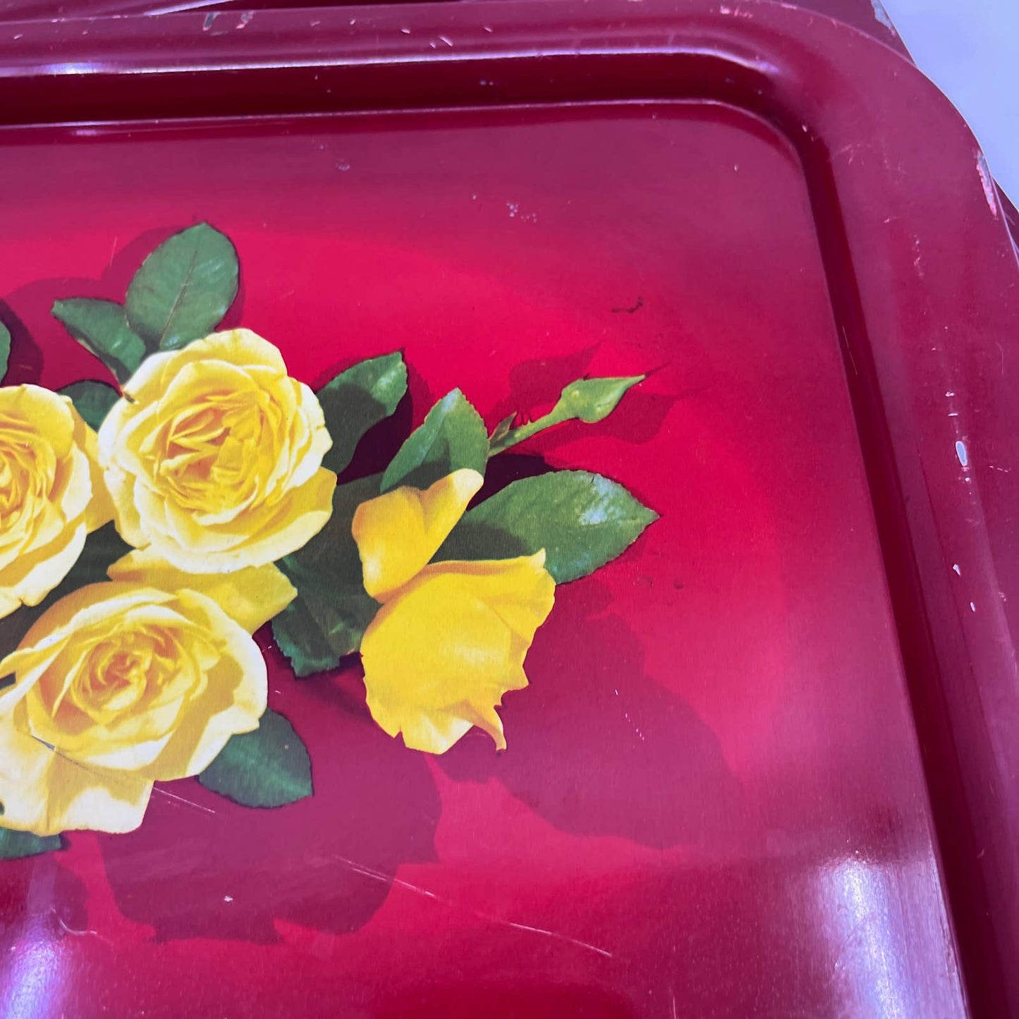 Vintage Toleware Red Metal Tray Yellow Rose Flowers 11x14" Set Of 3 TI4
