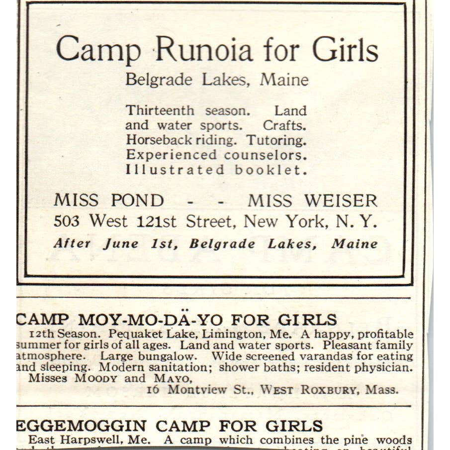c1920 Harper's Magazine Ad -Camp Abena for Girls Belgrade Lakes Maine EA3