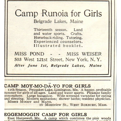 c1920 Harper's Magazine Ad -Camp Abena for Girls Belgrade Lakes Maine EA3