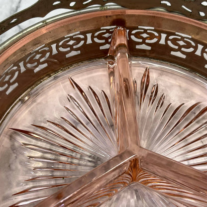 Vintage Pink Depression Glass Dish 3 Part Divided Starburst Silver Caddy 7” TB6