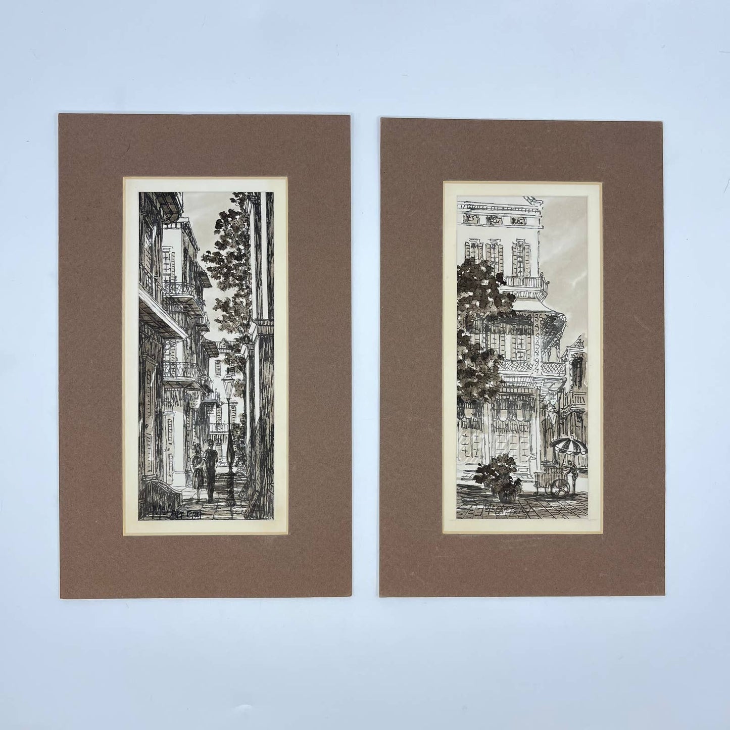 1940s Original Art Ink Sketch and Brown Wash City Scenes McCaffery Set of 2 TE1