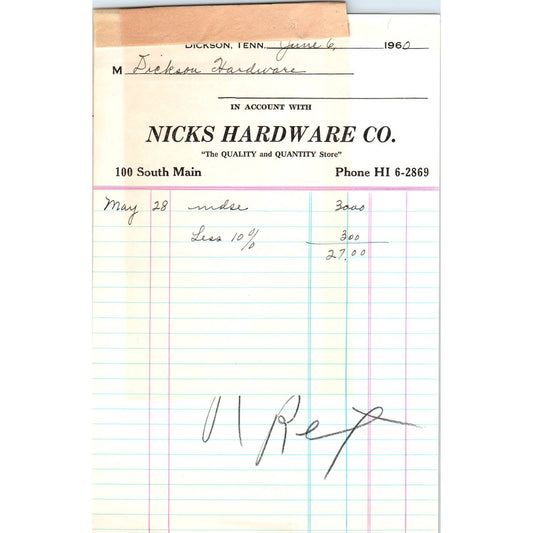 1960 Nick's Hardware Co Billhead Set Dickson TN AD5