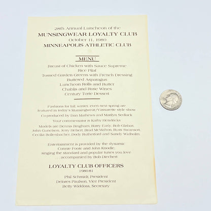1980 Munsingwear Loyalty Club Annual Luncheon Menu Minneapolis Athletic Club AB8
