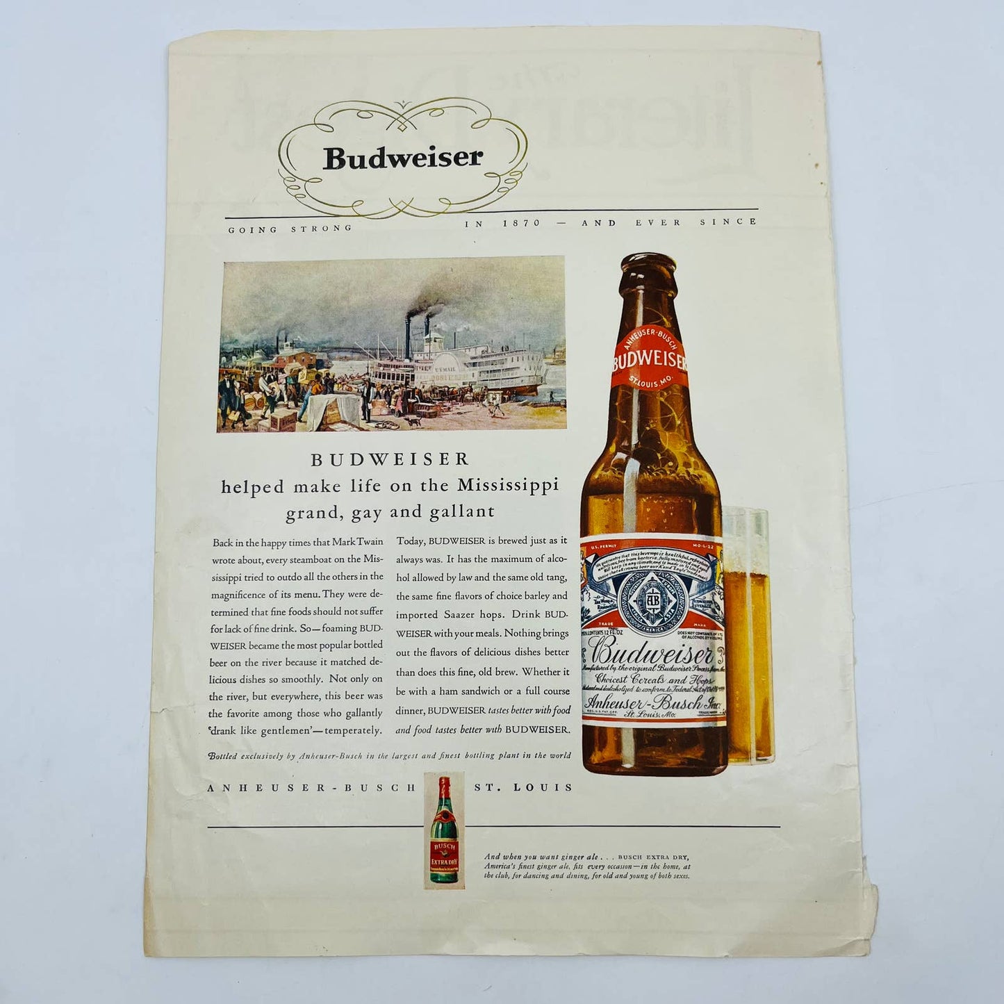 1932 Budweiser Beer Ad Steamboat on Mississippi 9x12” C13