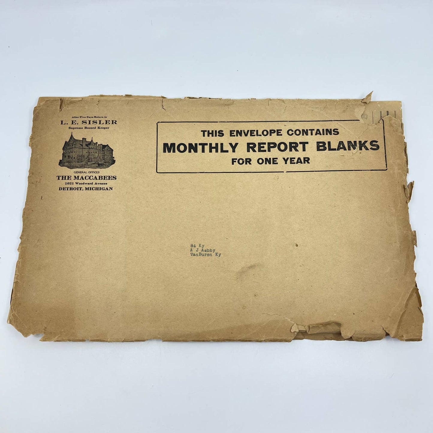 c1910s Envelope of Remittance Blanks L.E. Sisley The Maccabees Detroit MI TE8