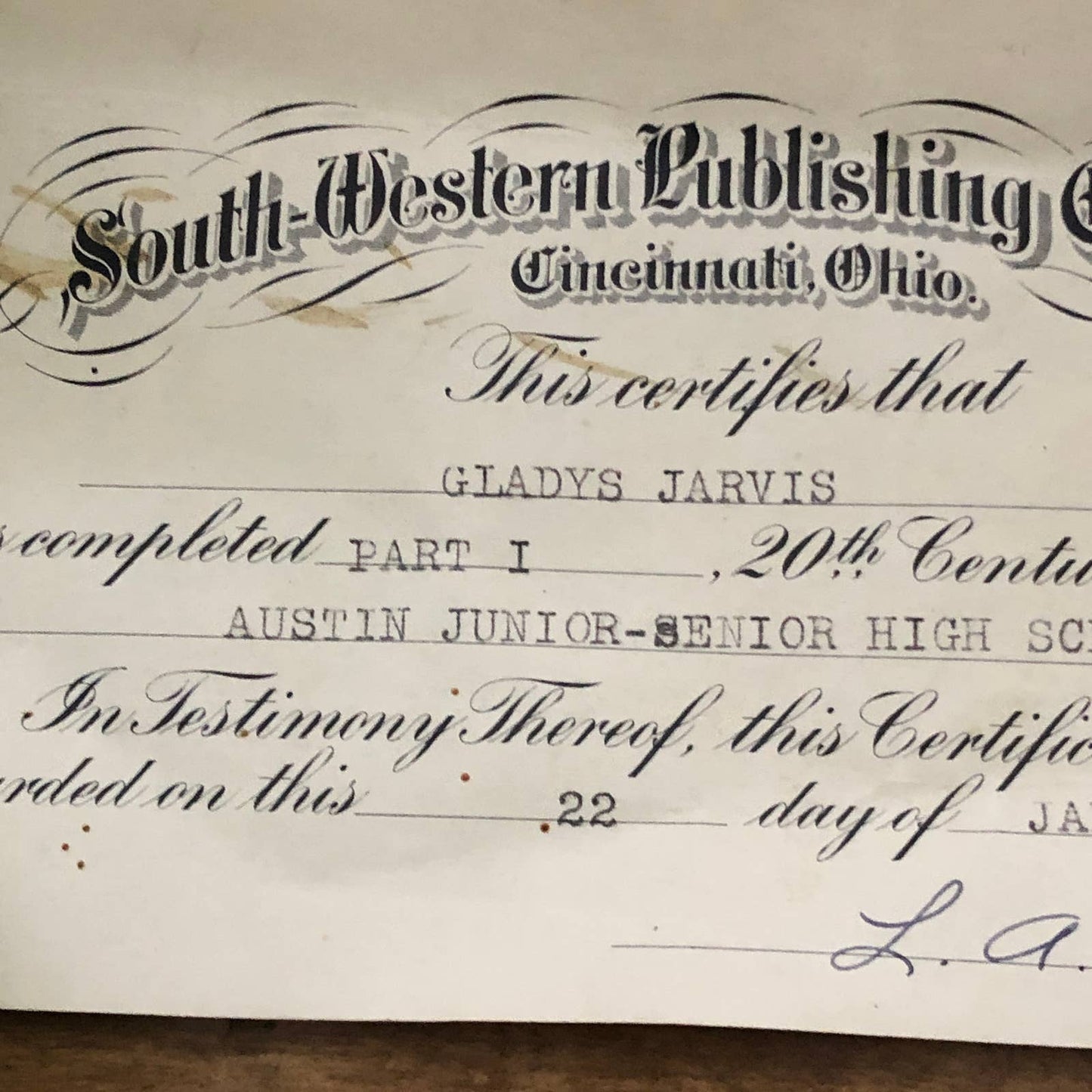 1932 South-Western Publishing Bookkeeping Cert. Gladys Jarvis Austin MN AC9