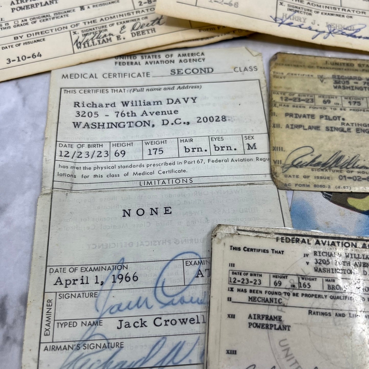1960s FAA Pilot Certification & Card Lot Richard W. Davy Washington D.C. PR16