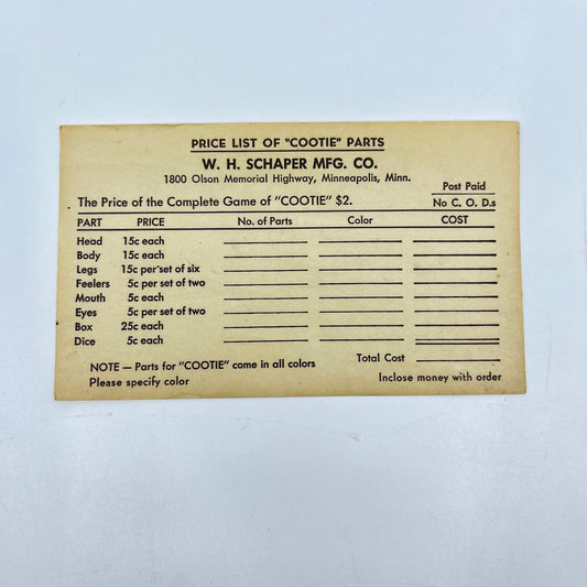 1950s Cootie Game - Price List of Cootie Parts W.H. Schafer Mfg Co MPLS MN SC9