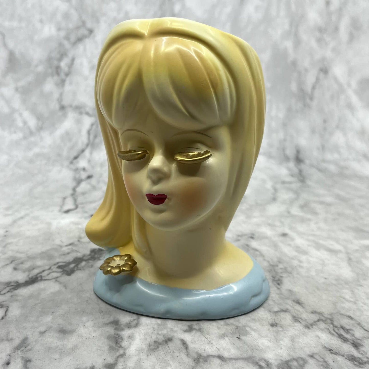 MCM Head Vase Lady Girl Japan Gold Eye Lashes Blue Dress Flower 5" TK2