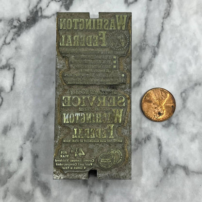 Vintage Printing Letterpress Printers Block Plate Washington Federal TJ52