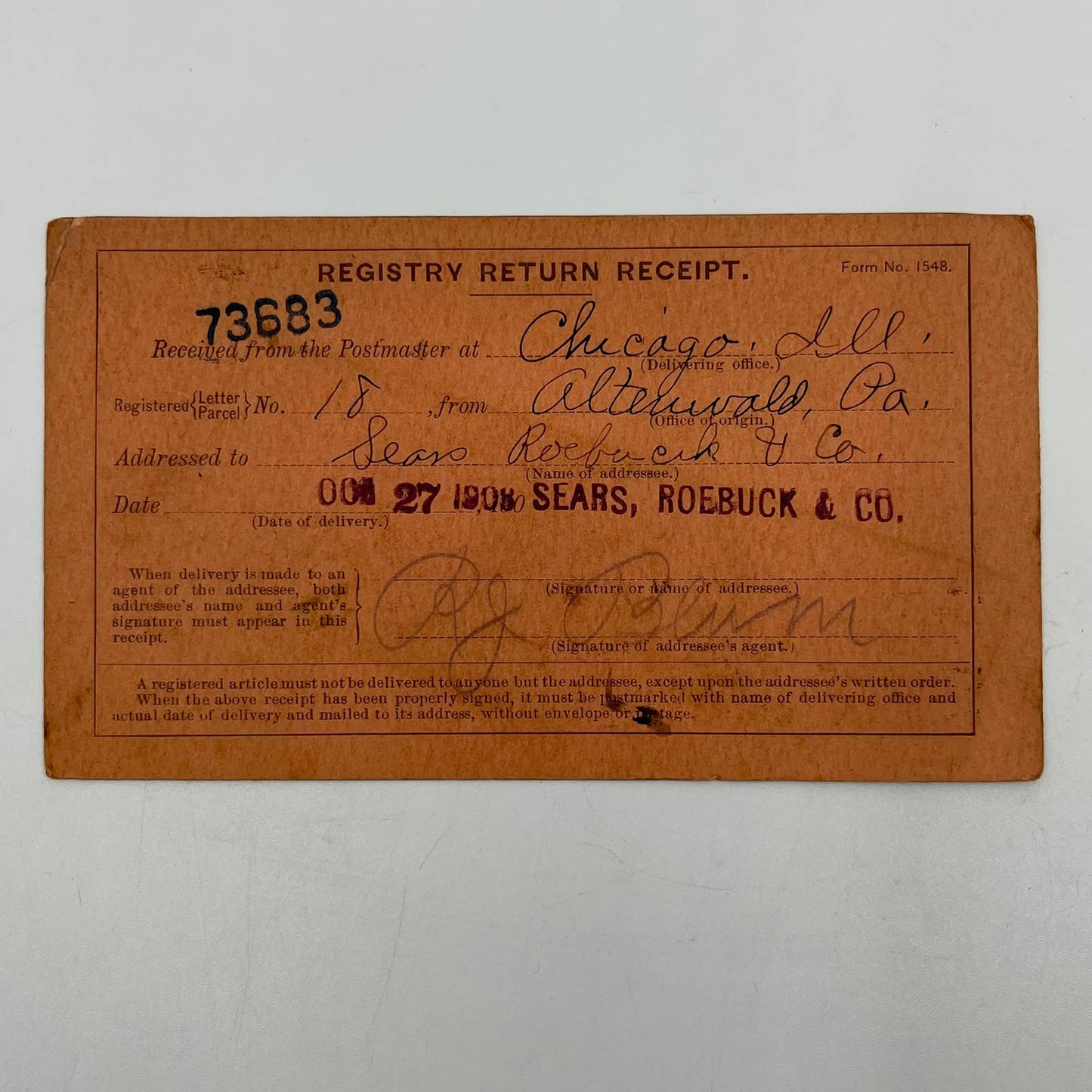 1908 Sears, Roebuck & Co Return Receipt Altenwald PA SC5