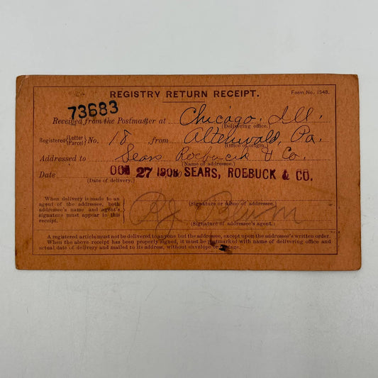 1908 Sears, Roebuck & Co Return Receipt Altenwald PA SC5