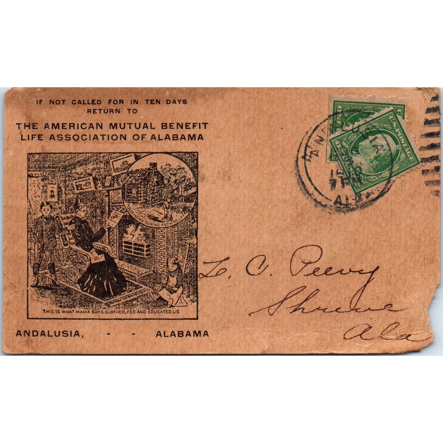 1910 Mutual Benefit Life Association of Alabama Postcard L.C. Peavy Shreve AD6