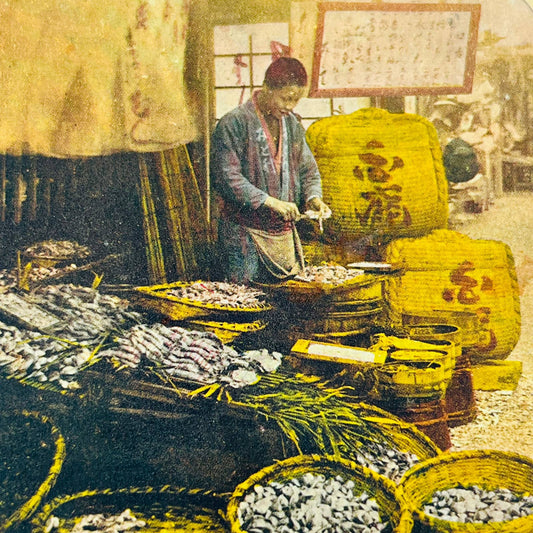 c1900 Stereoview Card Shell Fish Dealer’s Stand Yokohama Japan