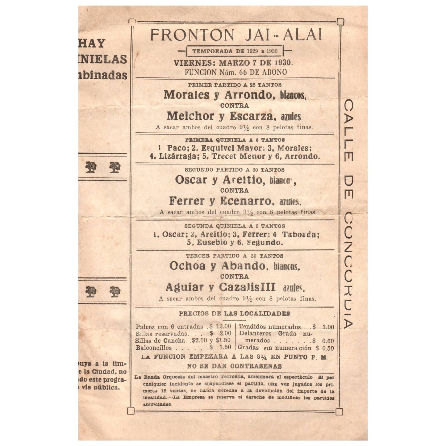 1930 Fronton Jai Alai Flyer Poster Schedule and Rules Concordia Street AD8