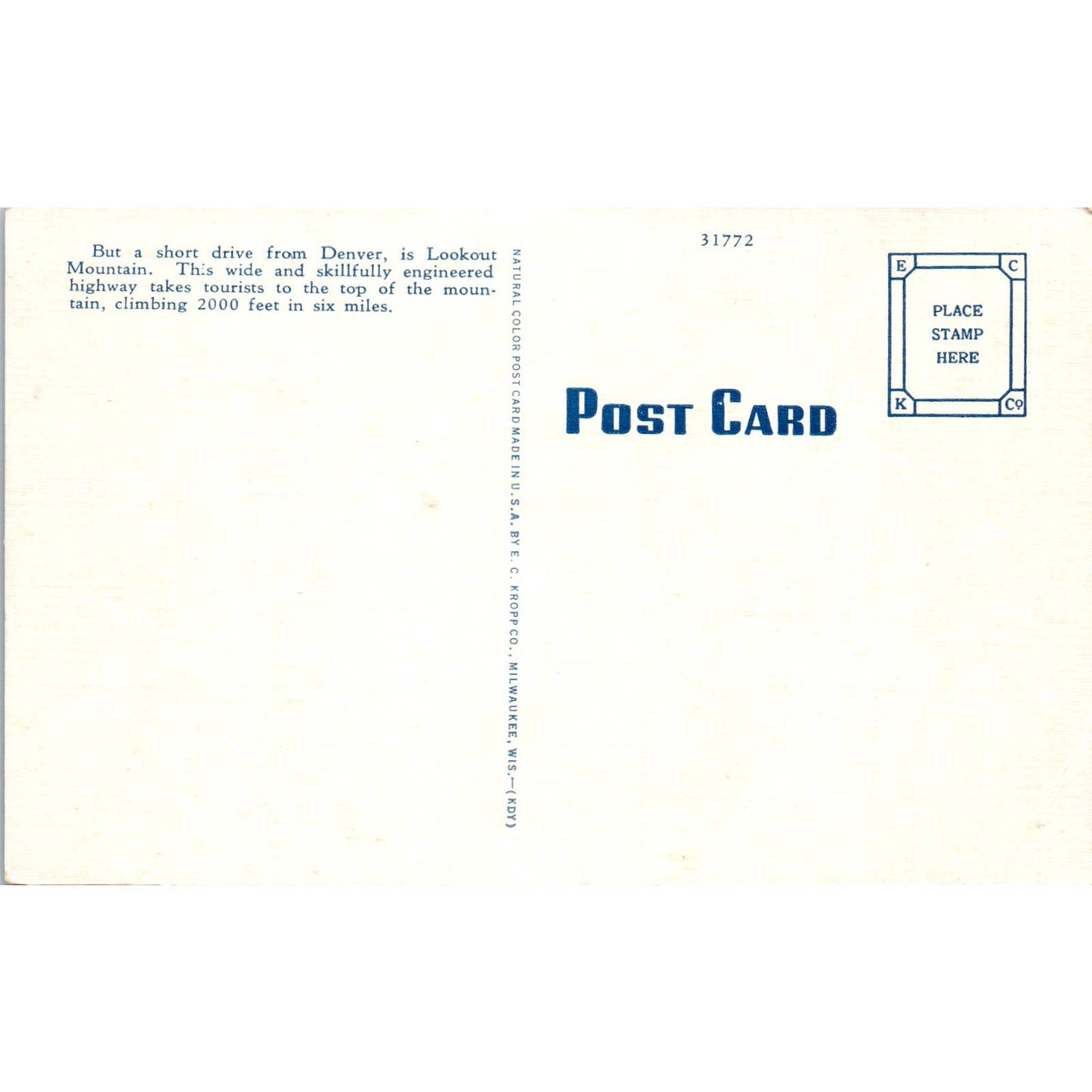 Lariat Trail on Lookout Mountain Colorado Original Postcard TK1-24