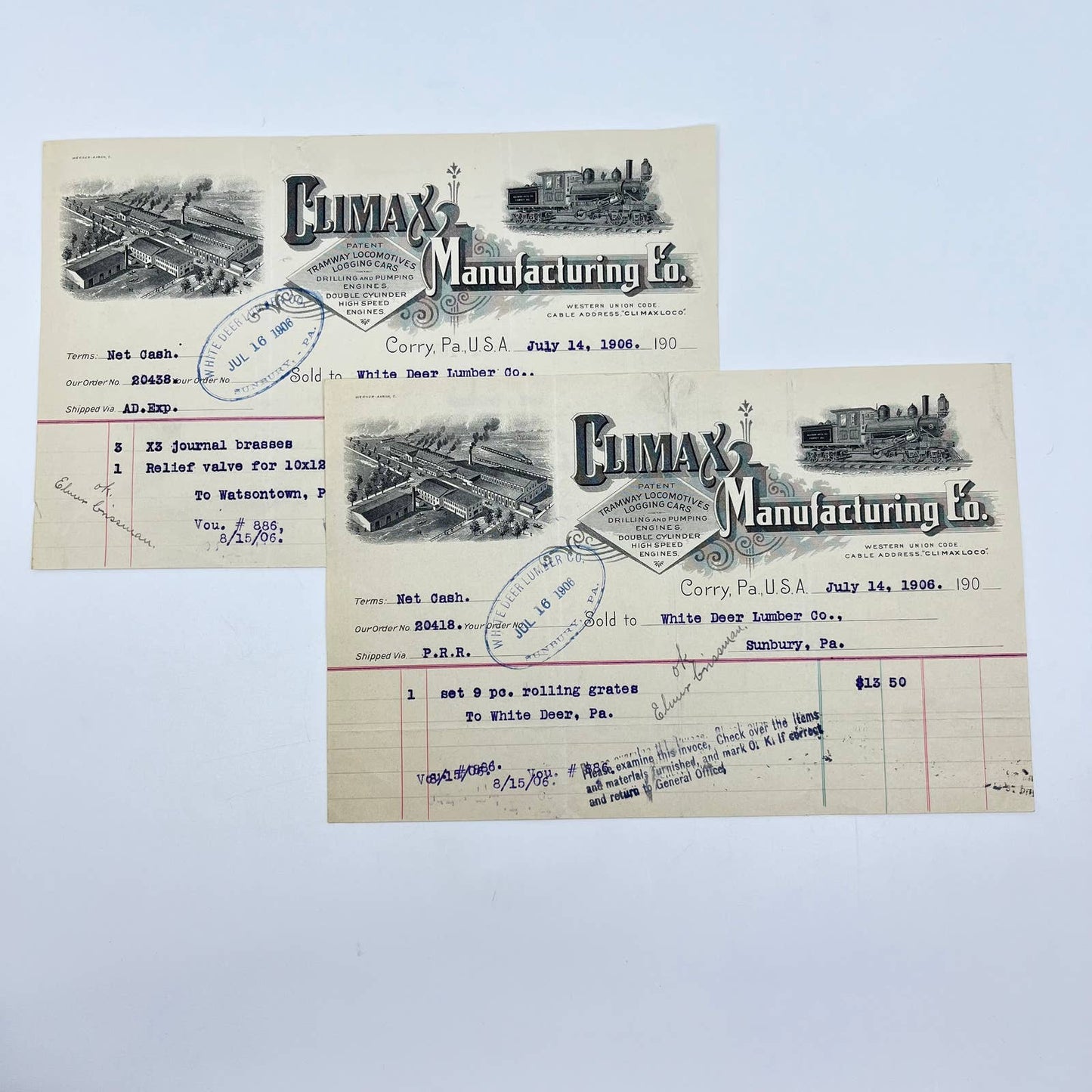 1906 Climax Manufacturing Co. Trainway Locomotive Letterhead Corry PA x2 AB2-1