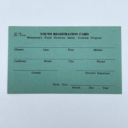 1965 Minnesota Youth Firearms Safety Training Program Registration Card SC9