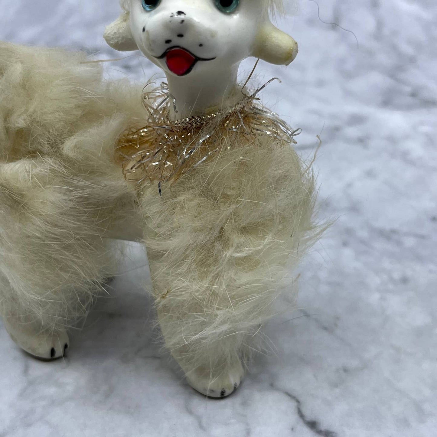 1950s MCM White Poodle Dog Figurine - Blue Glass Eyes and Fur, Japan 3x4 TJ1