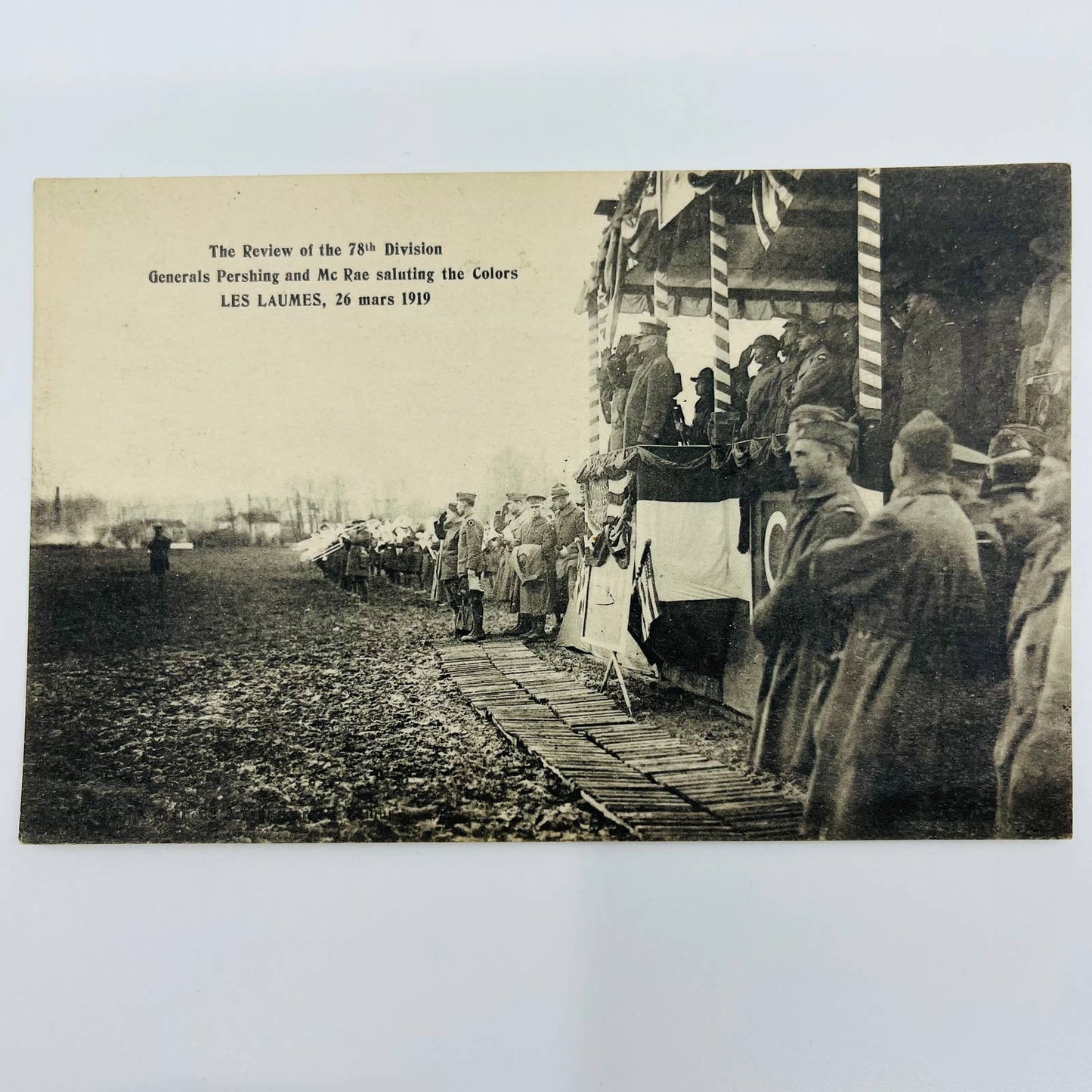 c1918 Postcard WWI Review 78th Division General Pershing & Mc Rae Les Laumes PA9