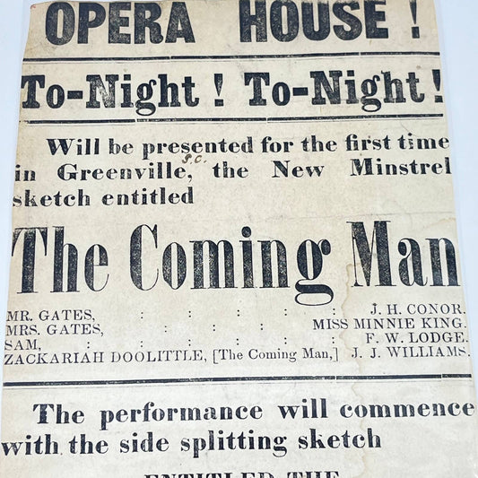 1880 Greenville South Carolina Opera House Minstrel Show Advertisement AB2