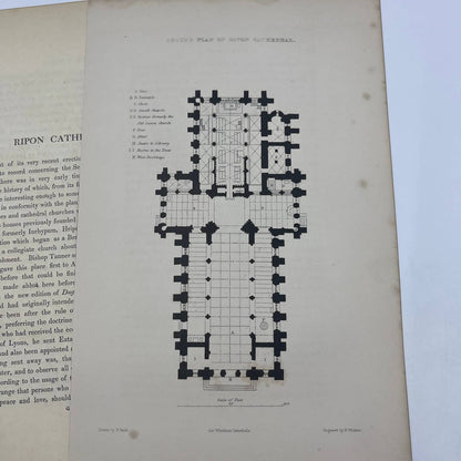 1842 Original Art Engraving Ripon Cathedral, Floor Plan and Bio TG6