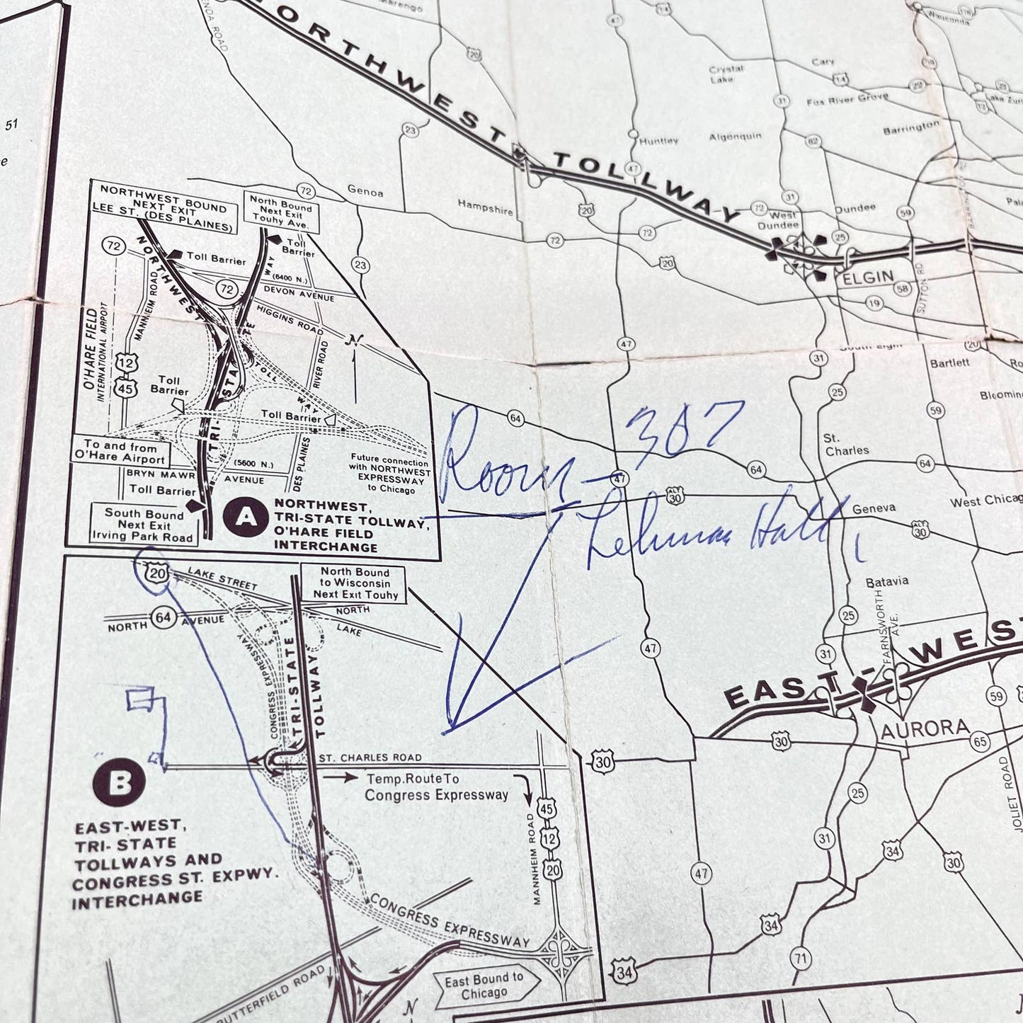 1959 Illinois Tollway and Connected Highways Fold Out Map D7