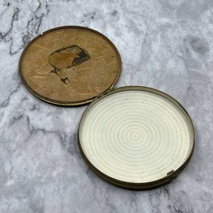 Antique Rex Fifth Avenue 4" Flapjack Compact Brass Floral Black Enamel TJ4