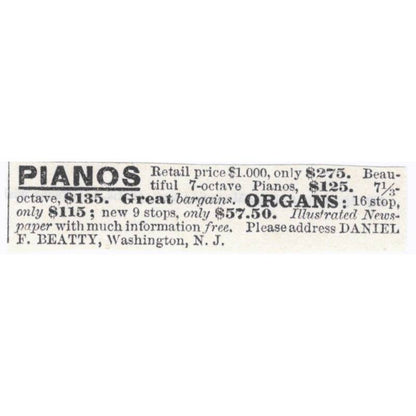 Pianos - F. Beatty Washington NJ - Victorian Ad 1878 Original TJ7-L2-1