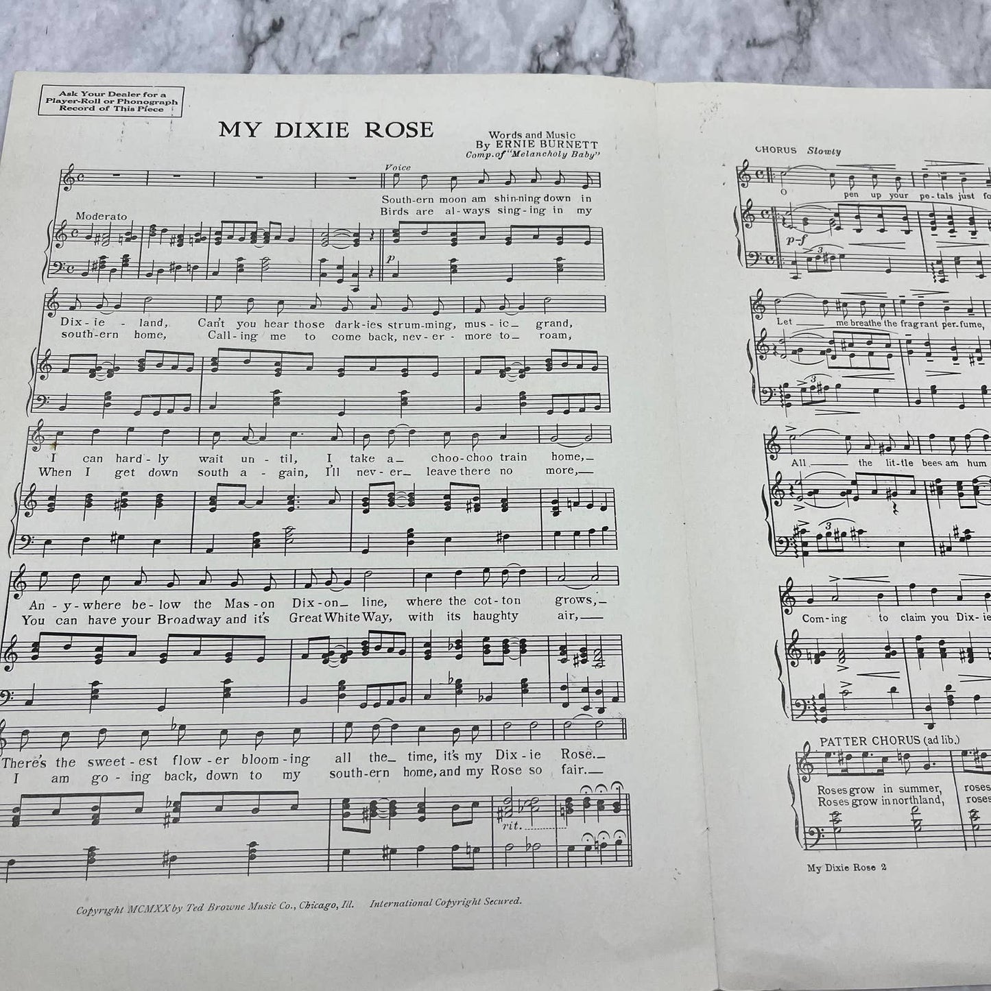 MY DIXIE ROSE Ernie Burnett 1920 Vintage Sheet Music TI1