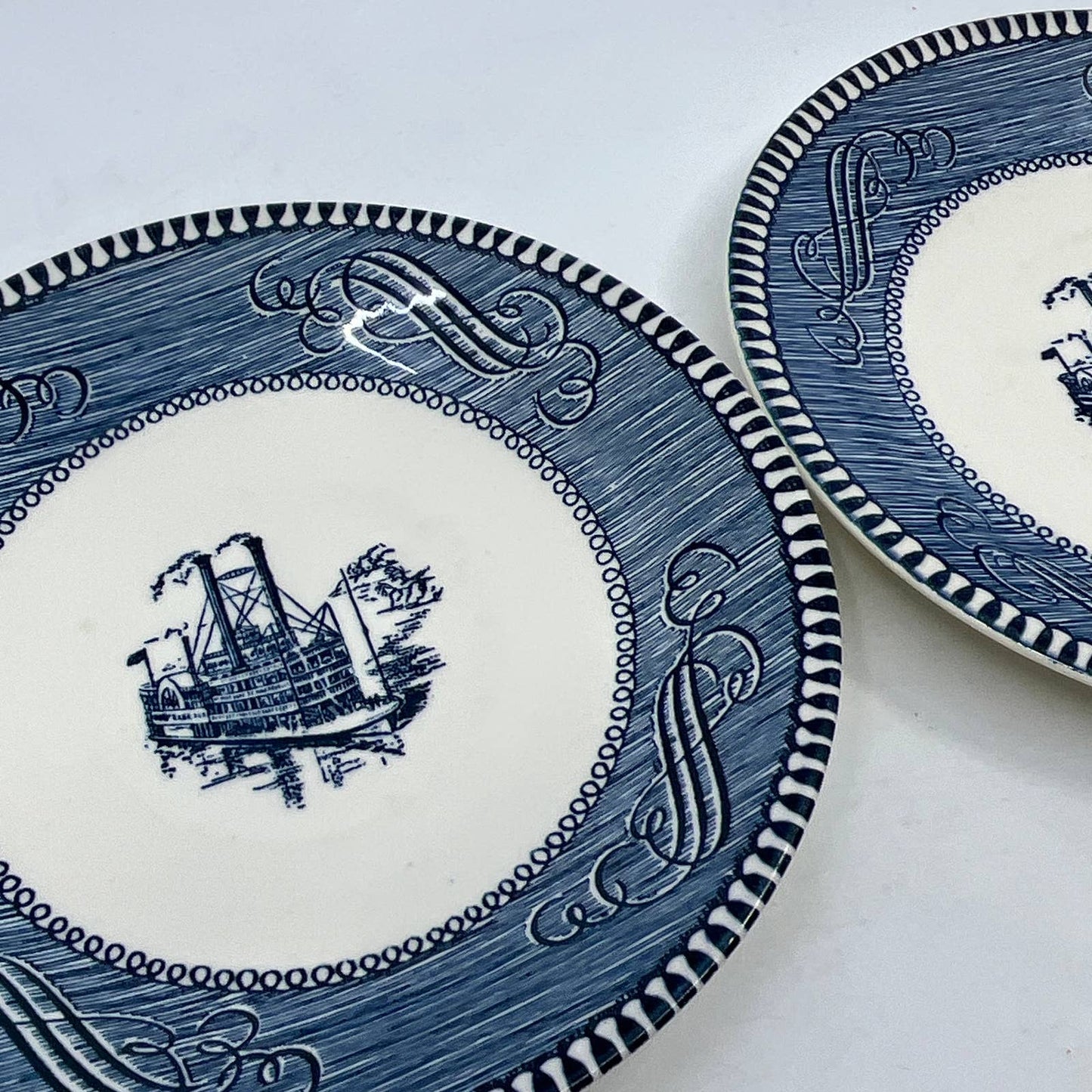 Currier & Ives BLUE Steamboat Royal China Set of 2 Dessert Plates 6” TI3