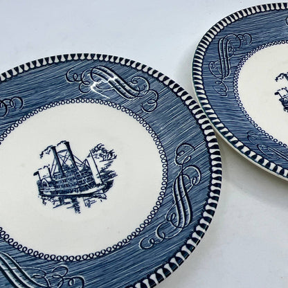 Currier & Ives BLUE Steamboat Royal China Set of 2 Dessert Plates 6” TI3