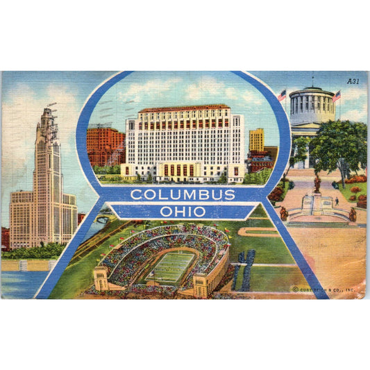 Vintage Postcard AIU Citadel, OSU Stadium McKinley Memorial Columbus Ohio TD9