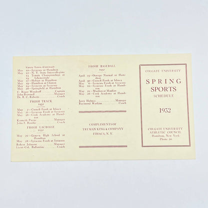 1932 Colgate University Spring Sports Schedule Card Hamilton New York AB8