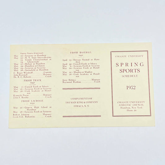 1932 Colgate University Spring Sports Schedule Card Hamilton New York AB8