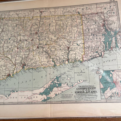 1897 The Century Atlas Map of Connecticut & Rhode Island Color Engraved 12.5x17 FL5