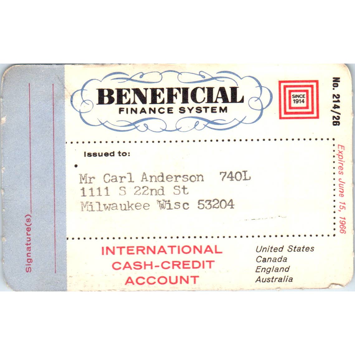 1965 Beneficial Finance System Cash Credit Account Card Milwaukee Obsolete SE5