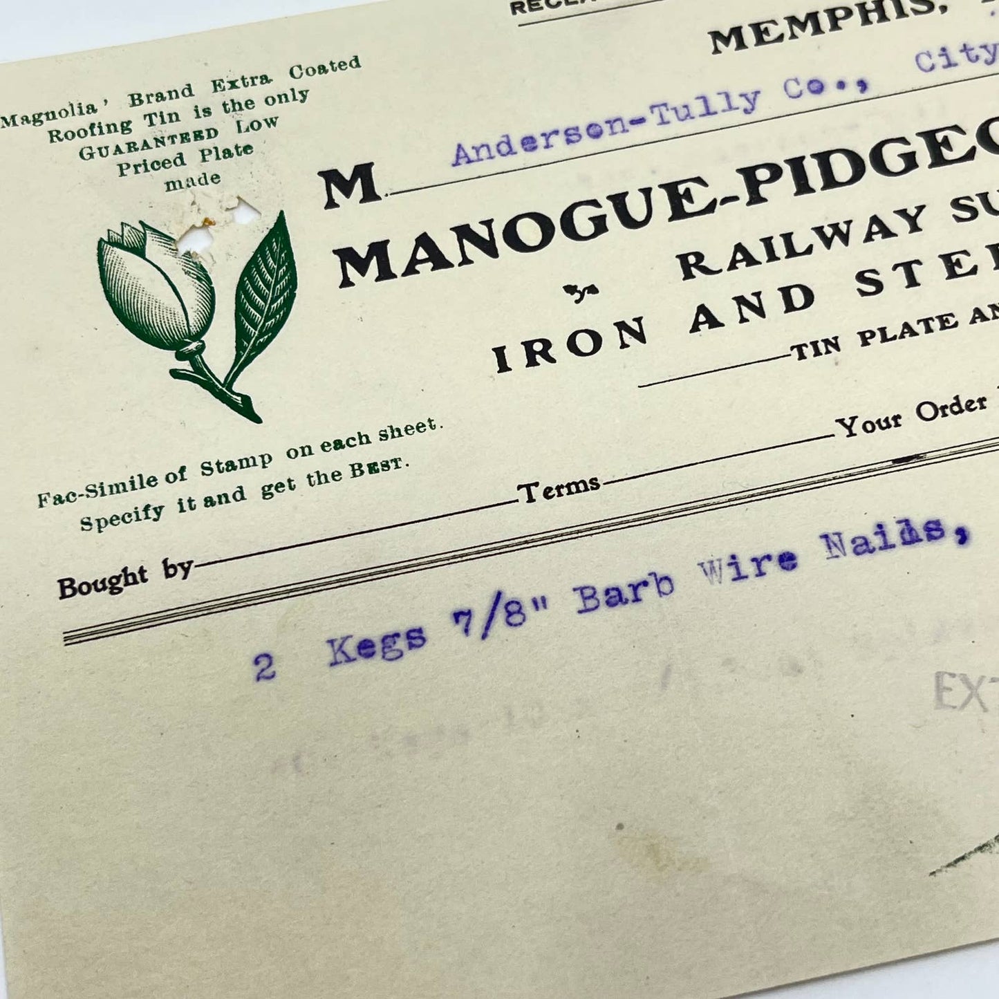 1902 Manogue-Pidgeon Iron Co. Railway Supplies Letterhead Memphis TN AB5