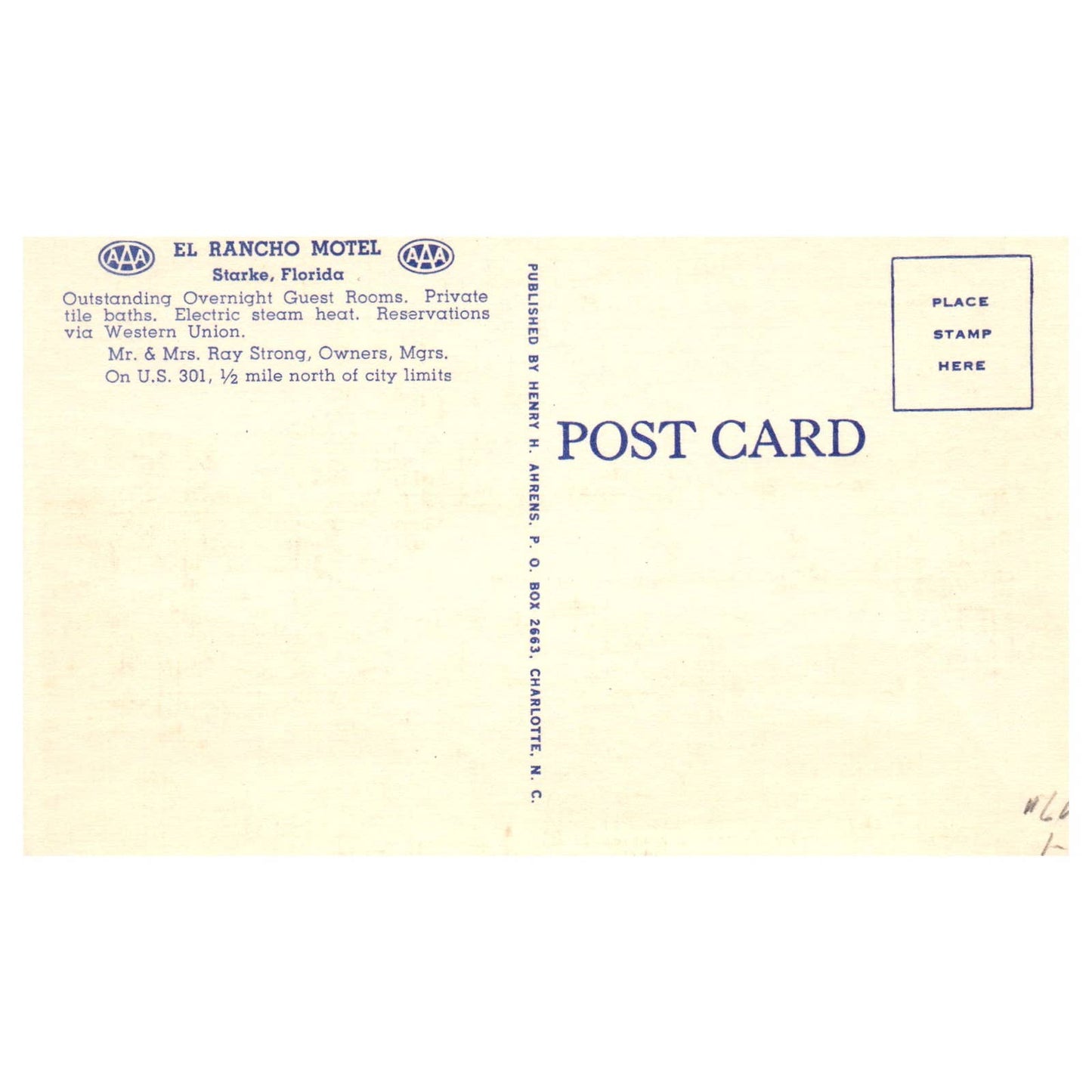 El Rancho Motel Starke Florida AAA Mr & Mrs Ray Strong - Postcard TJ8-1