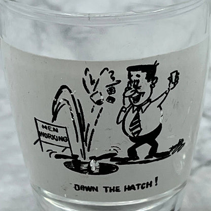 Vintage MCM Shot Glass Set Humor DRINKS ARE ON THE HOUSE & DOWN THE HATCH TI9