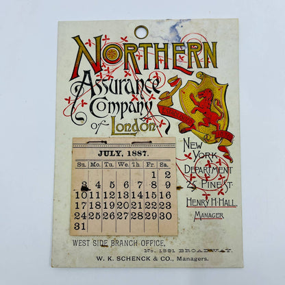 1887 Advertising Calendar Northern Assurance Co. New York Pine St SC2