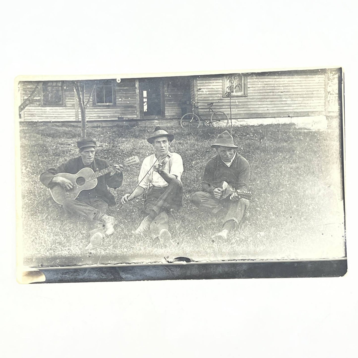 RPPC Postcard Country Boys Playing Bluegrass Music Guitar Fiddle Mandolin AC2