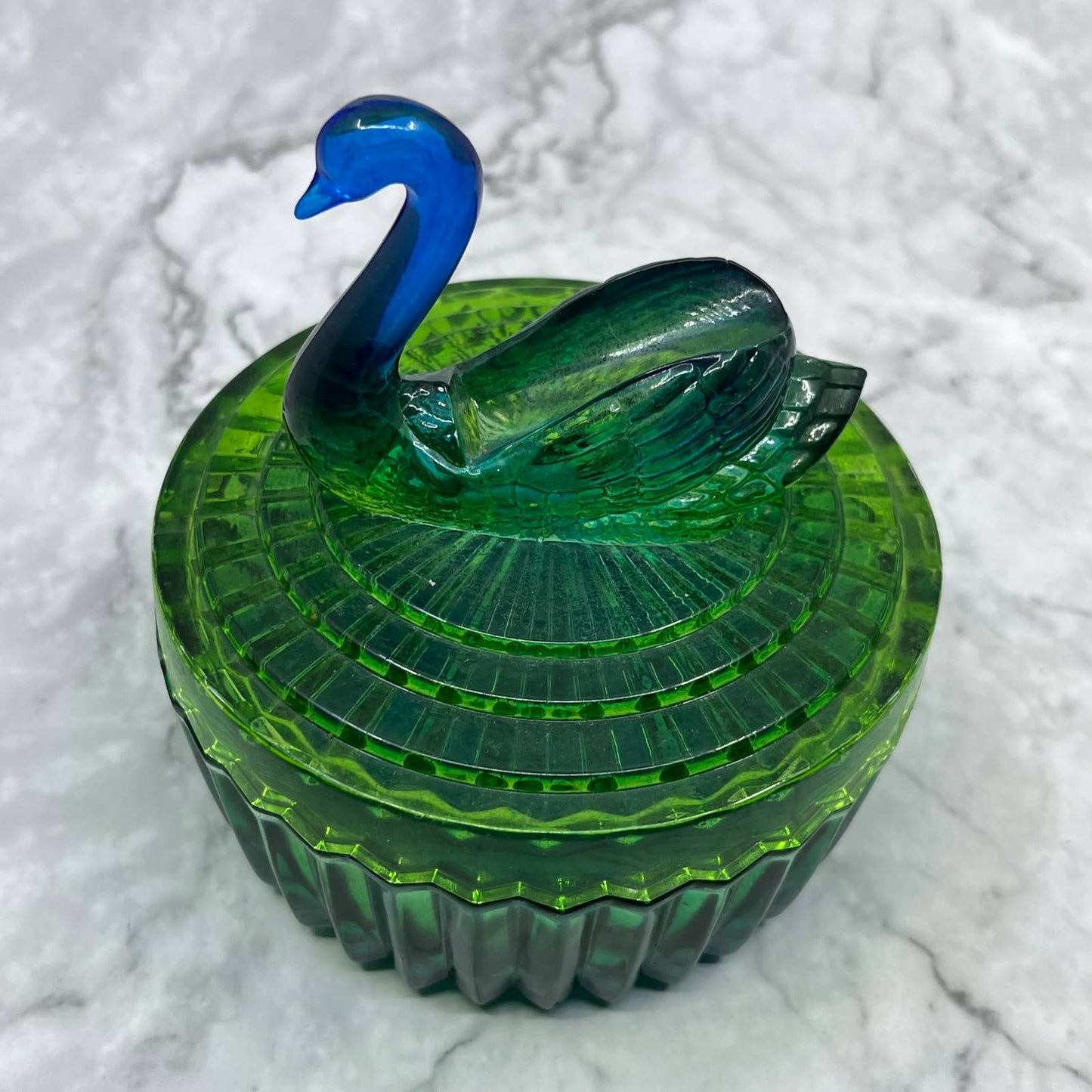 1950s Jeanette Blue Green Ombre Glass Swan Covered Powder Jar Dish TD6