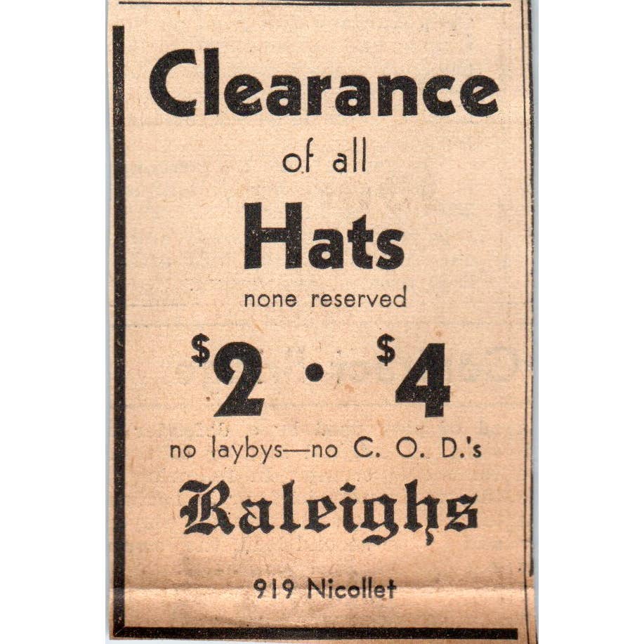 1935 Minneapolis Journal Newspaper Ad Raleighs Hat Clearance Nicollet FL5-6