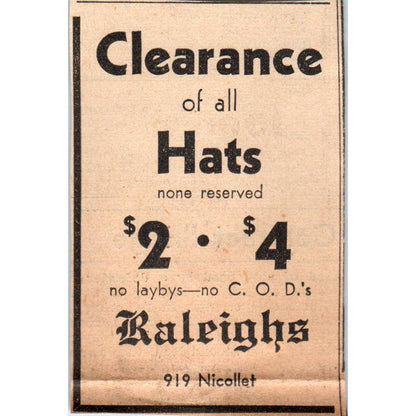 1935 Minneapolis Journal Newspaper Ad Raleighs Hat Clearance Nicollet FL5-6