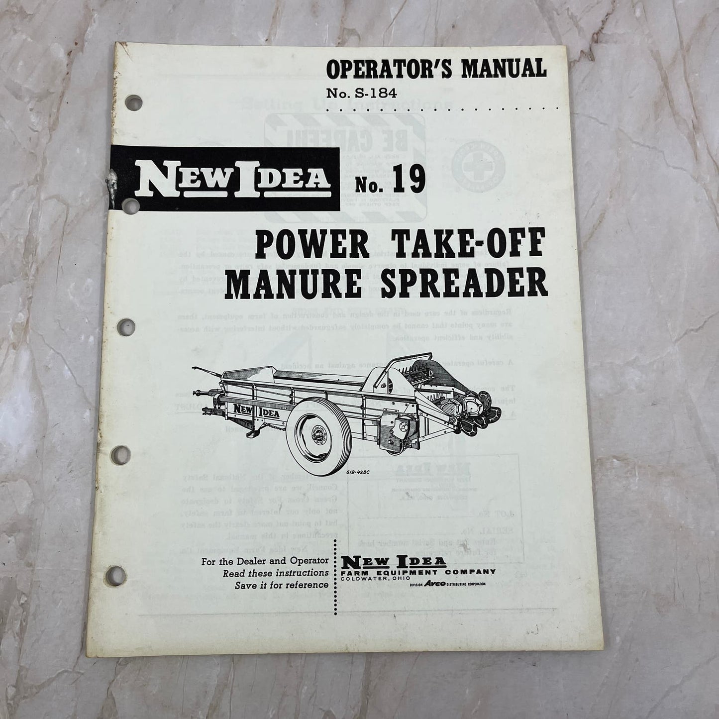 Vintage New Idea Operator's Manual No. 19 Power Take-Off Manure Spreader TJ9